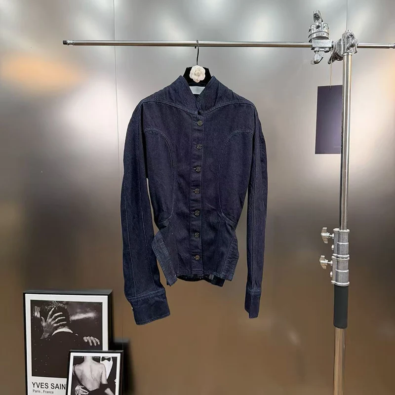 سترة قصيرة من قماش الدنيم بتصميم بحاشية غير رسمية من KBQ للنساء بياقة واقفة وأكمام طويلة وأزرار مقسمة جديدة للسيدات #3