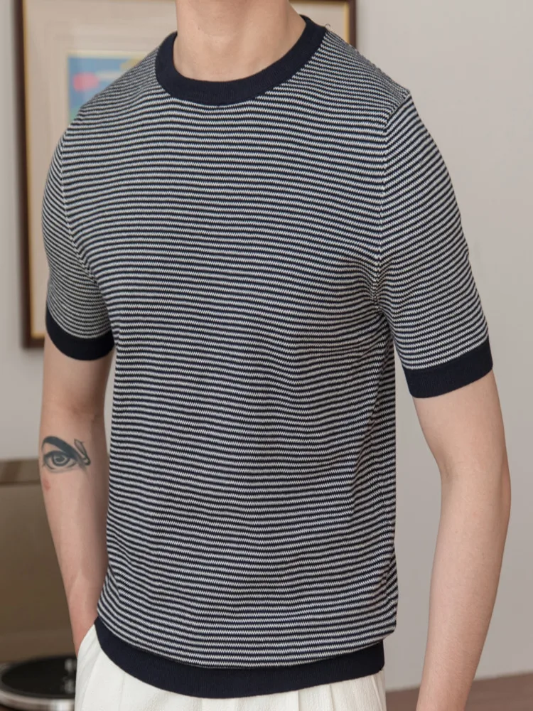 Contrasting O-Neck Stretched Men's Tee Shirt Patchwork Stripe Slim Knitted T Homme Streetwear Fashion Casual T-