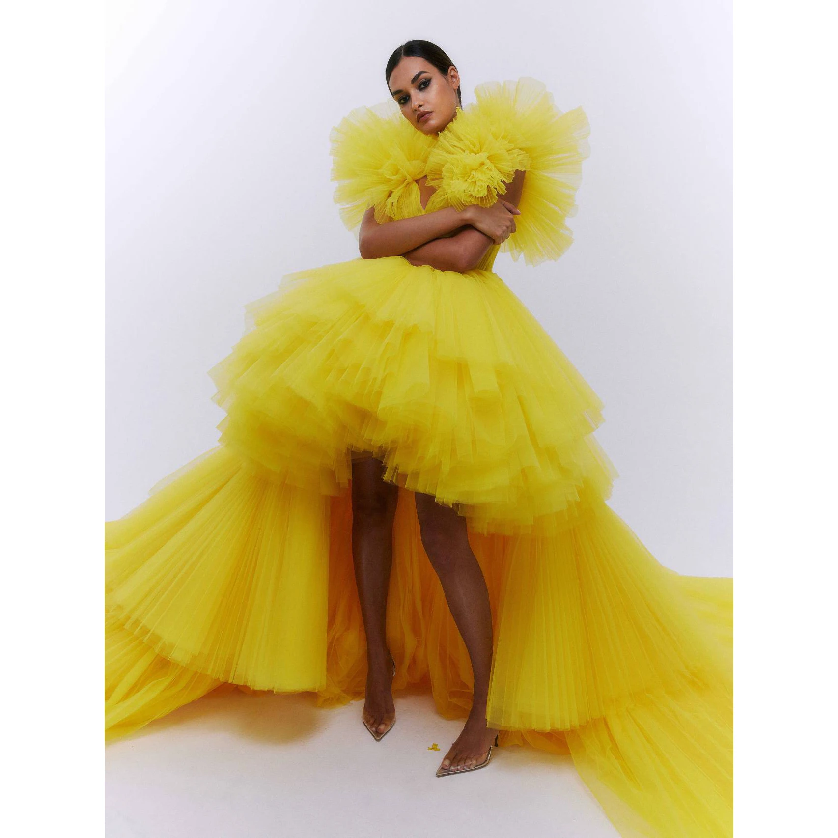 Golden Yellow Tulle Party Dresses vestido de noche Special Occasion Asymmetrical Prom Gowns Long V Neck Extra Lush Dress Fluffy