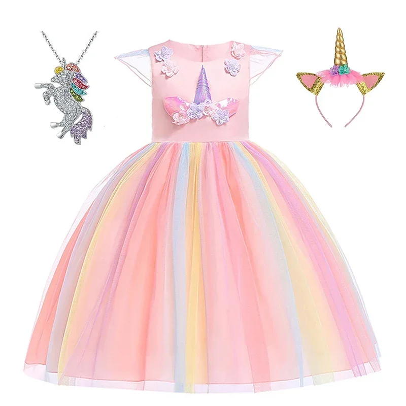 Girls Unicorn Costumes Princess Birthday Party Dresses Kids Rainbow Flower Dress With Headband And Necklace 3-10Years MN10