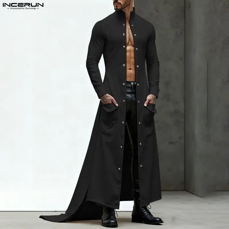 

INCERUN мужской длинный стильный Тренч с однотонными лацканами и длинными рукавами, мужские пальто нестандартной формы, уличная одежда с открытой строчкой, модный повседневный кардиган для мужчин