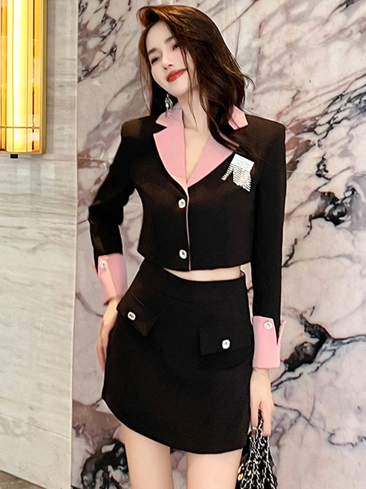 Spring Autumn Ladies Chic Black 2 Pieces Short Set Outfit Suits Women Clothes Cropped Tops Coat Blazer Suit And Mini Skirt Pant