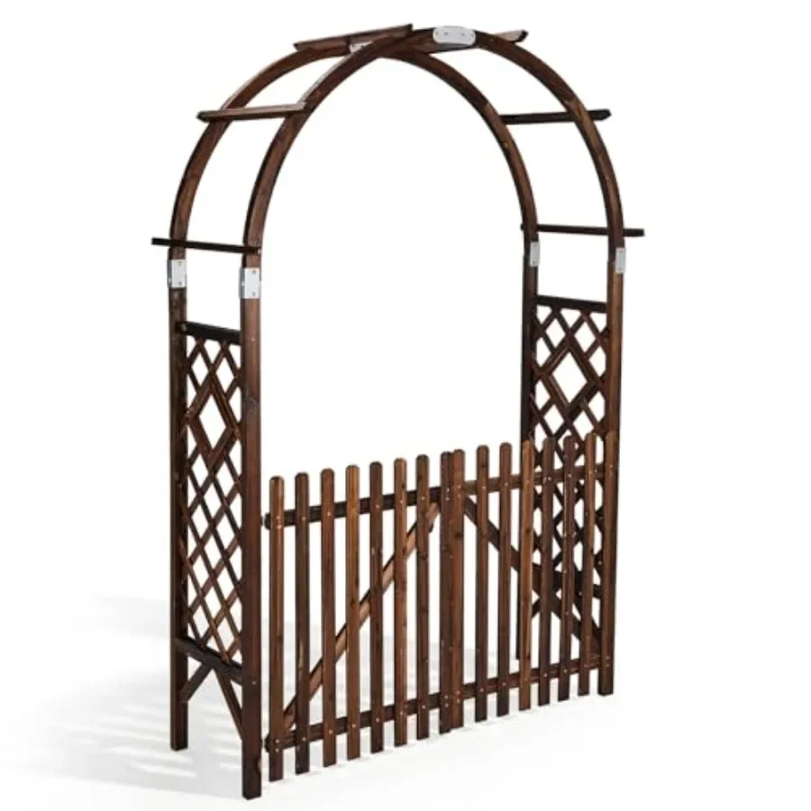Wooden Garden Arbor for Outdoor Ceremony Use, Heavy Duty Natural Wood Trellis with Gate, Brown Finish, Rustic Style Plant Climb