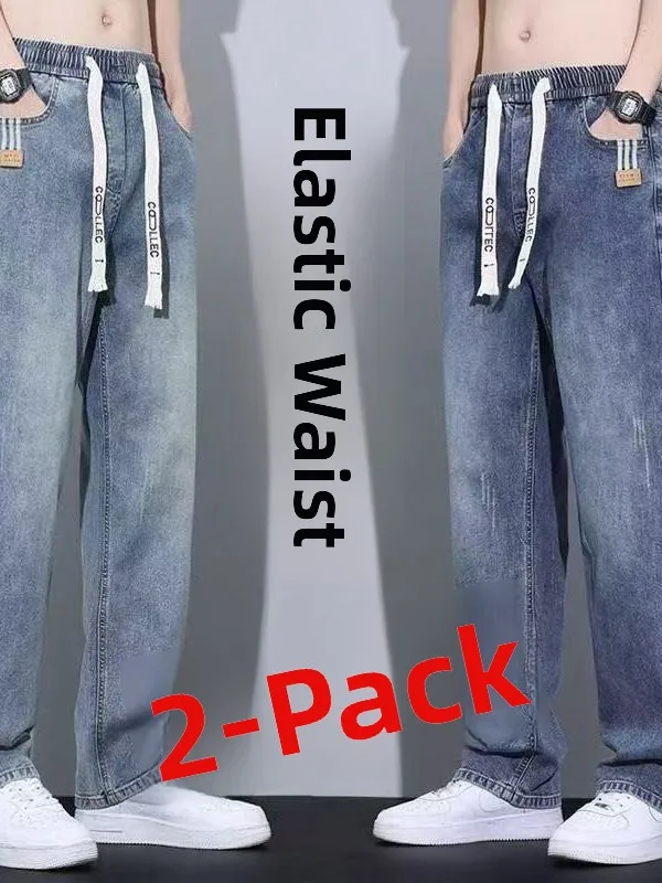 

American Style Men's Jeans Casual Wear-Resistant Trousers with Drawstring Elastic Waist Loose Straight Leg Wide Leg Casual Sl...