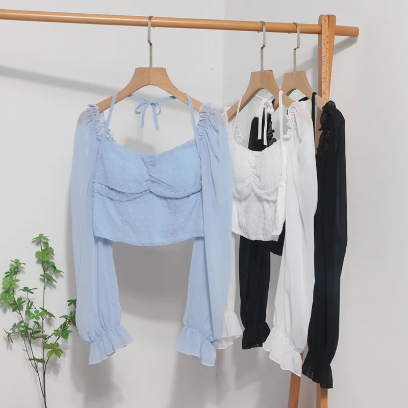 

Top Blouse Women Square Collar Lantern Sleeve Folds Patchwork Short Tops Lace Up Tees Spring Summer Office Lady Blouses 2026