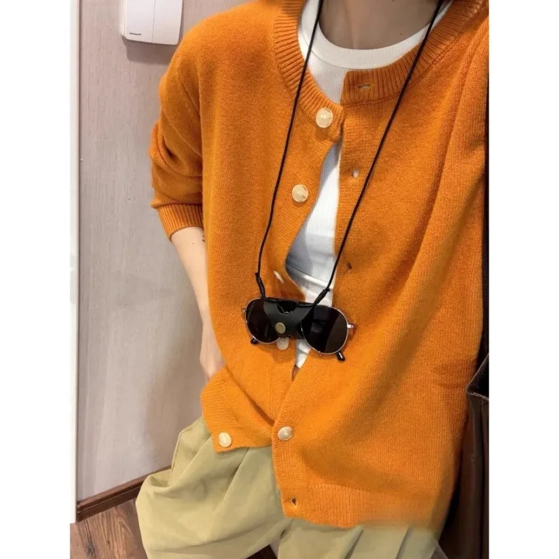 Korean Lazy Style Women Round Neck Knit Cardigan Loose Bright Color Sweater Coat Casual Daily Tops S-3XL