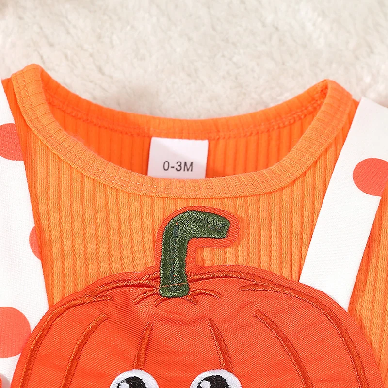 Baby Girls Rompers Dress Halloween Clothes Dot Print Pumpkin Embroidery Skirt Hem Jumpsuits