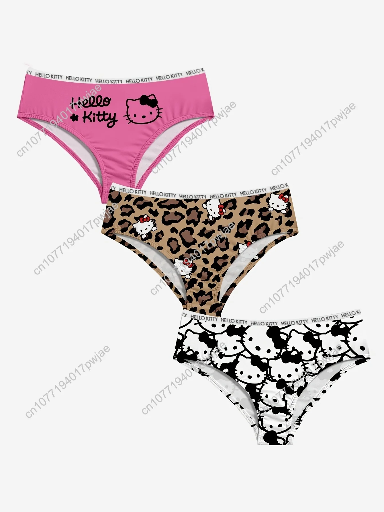 

3pcs Sanrio & Hello Kitty Co-branded Women's Underwear Set, English, Leopard Print, Hello Kitty, Bow, Cartoon Print, Fashionable