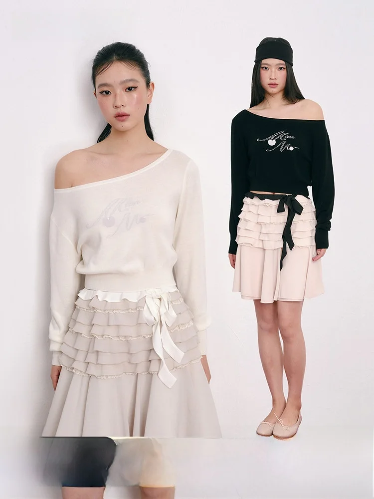 

Оригинальный женский вязаный свитер Moonmoi Spring Beau с вышивкой вишневым узором и стразами, U-образный вырез, из сверхтонкой мериносовой шерсти, с длинными рукавами