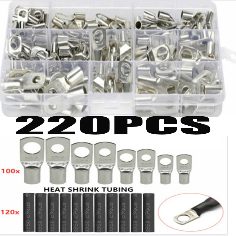 

220Pcs SC Bare Ring Terminals Lug Ring Tinned Copper Tube Lug Seal Battery Wire Connectors Bare Cable Crimp Soldered