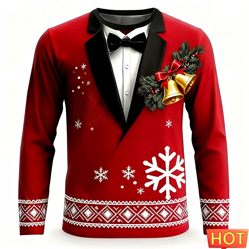 Realistic Red Suit Pattern Christmas T Shirt For Men Funny Holiday Wear 3D Printed Long Sleeve T-shirts Casual Oversized Tees