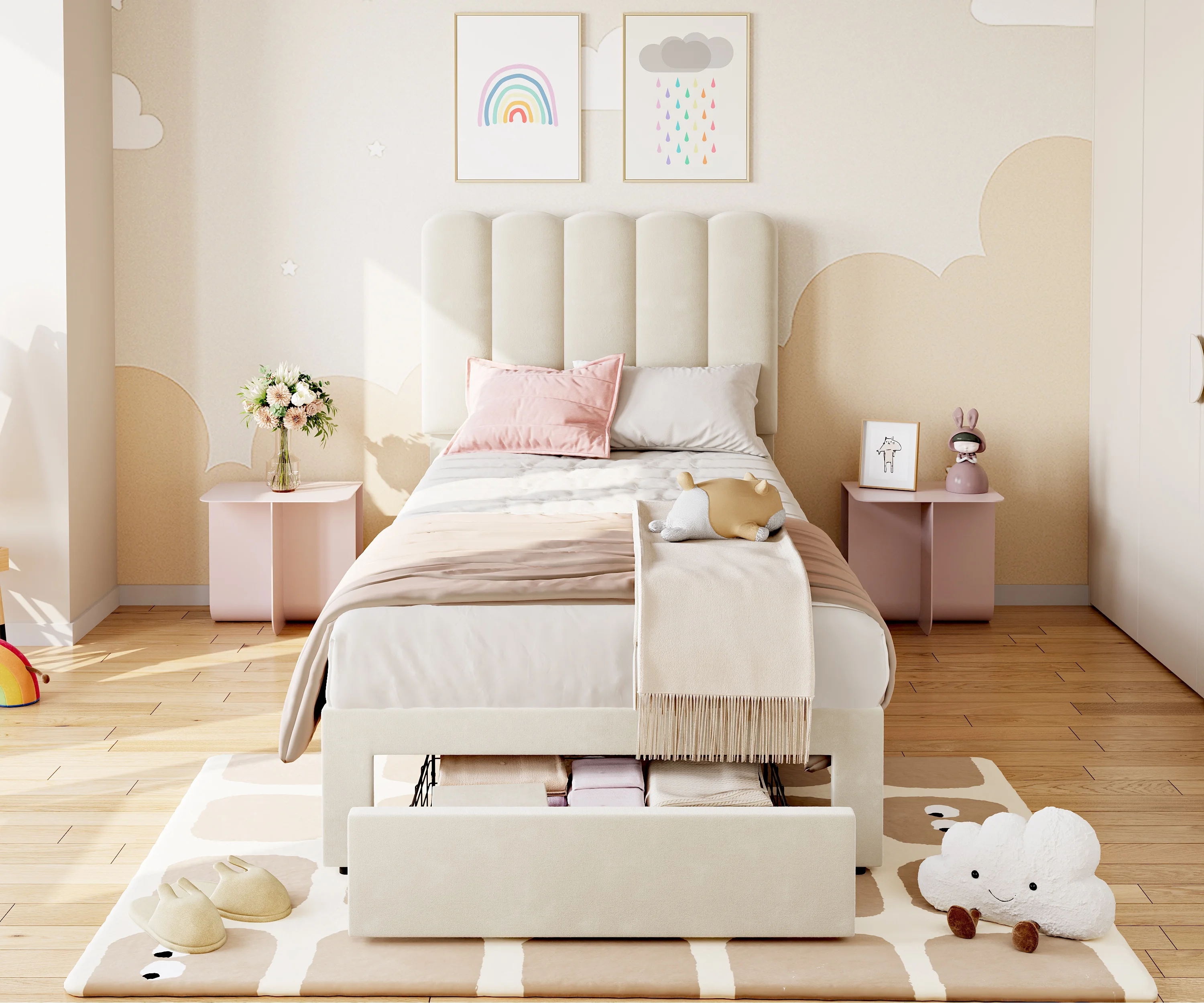 Twin Upholstered Low Profile Platform Bed Frame with Storage Drawer - Wave Headboard, Wooden Slat Support, Noise-Free, No Box Spring Needed - Beige/Pink
