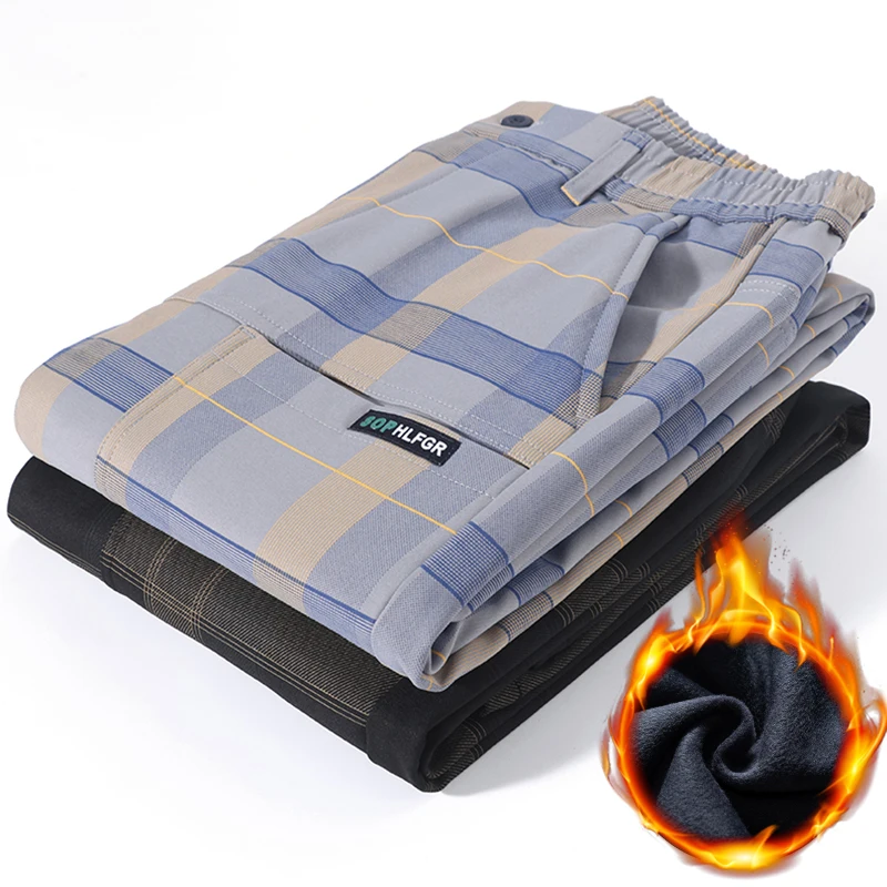 2024 New Winter Luxury Plaid Check Pattern Fleece Thick Warm Casual Pants Men Business Velvet Korean Pocket Long Trousers Male