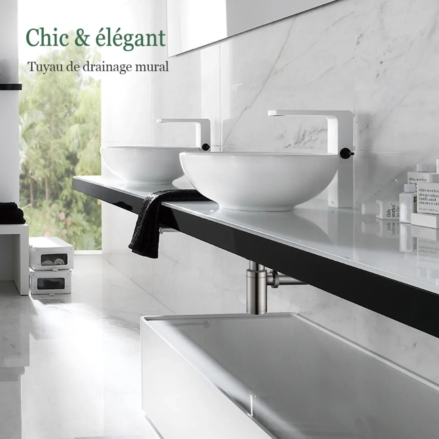 Kit de drenagem de pia de latão com tubo de drenagem sifônico P-Trap com acabamento escovado - Conjunto de tubo de descarga de água residual de banheiro