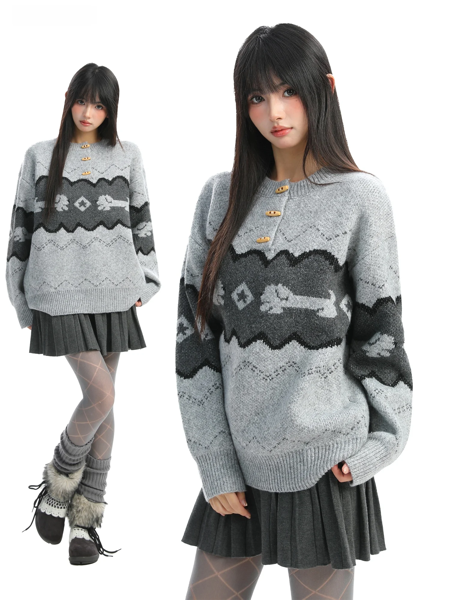 

Утепленный вязаный свитер Fair Isle для женщин, осенне-зимний, на пуговицах, теплый, с длинными рукавами, круглый вырез, топ