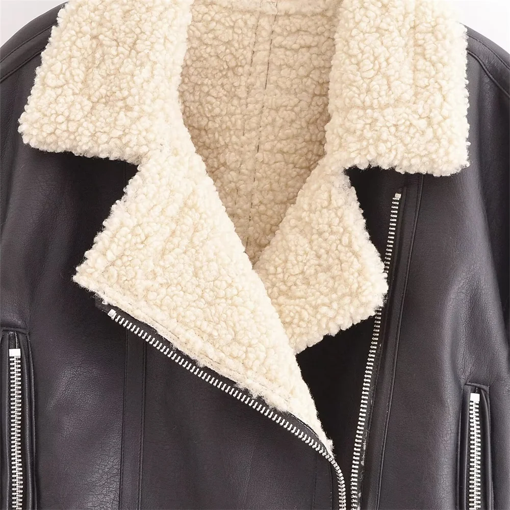 2024 autumn new women\'s long sleeved lapel jacket with fur integrated lamb wool warm motorcycle jacket