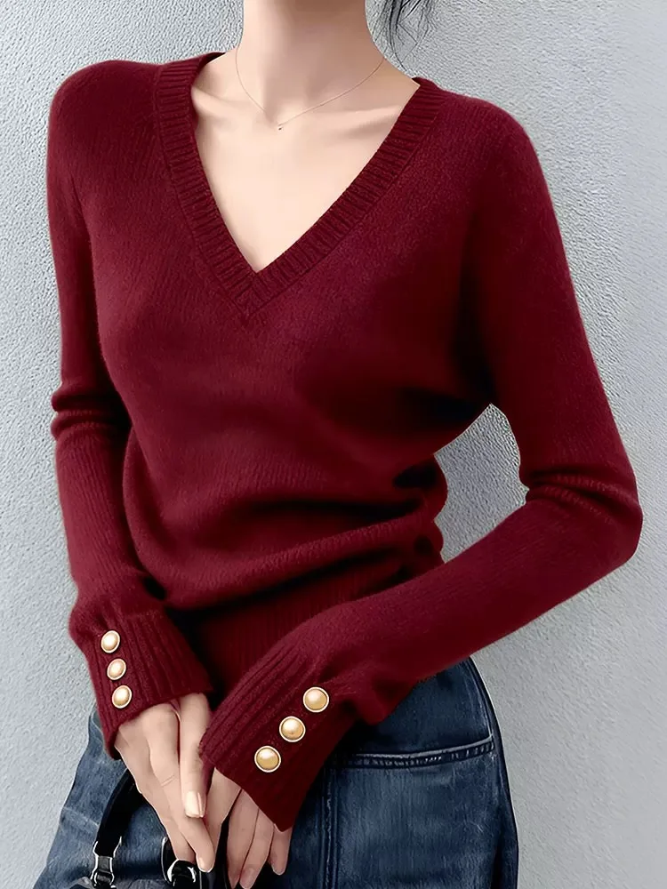 AOSSVIAO Autunno Inverno Maglione da donna con scollo a V maniche lunghe abbottonato Solido elegante pullover casual Stile coreano Strato di base Top