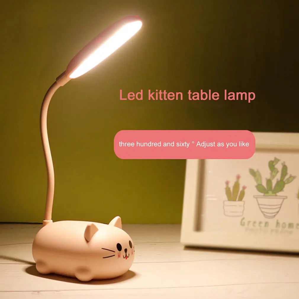 Lámpara de mesa blanca cálida para lectura, luz LED de noche con batería de recarga USB, protección ocular para niños, dibujos animados de animales, gatos y mascotas