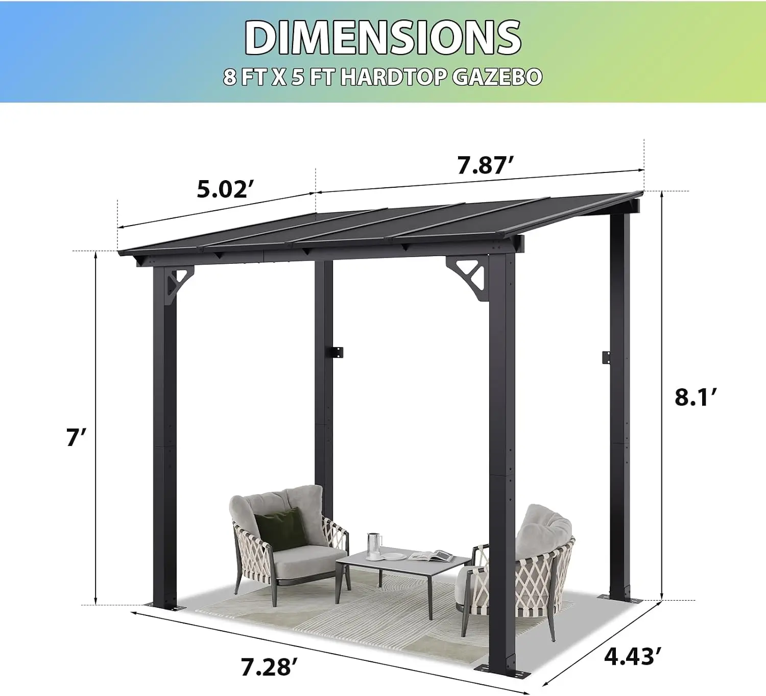 Outdoor Patio Lean To Gazebo Pergola, Wall Mounted Hardtop Sun Shade Awning, Aluminum Frame Canopy Shelter For Backyard Porch Deck Garden, Modern Style, Black, 1 Piece