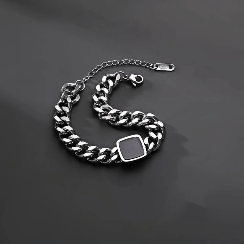 Retro Quadratischer Schwarzer Edelstein Herrenarmband Hip-Hop Dicke Kette Edelstahlarmband Einfache Kubanische Kette Schmuckzubehör – Detail 5