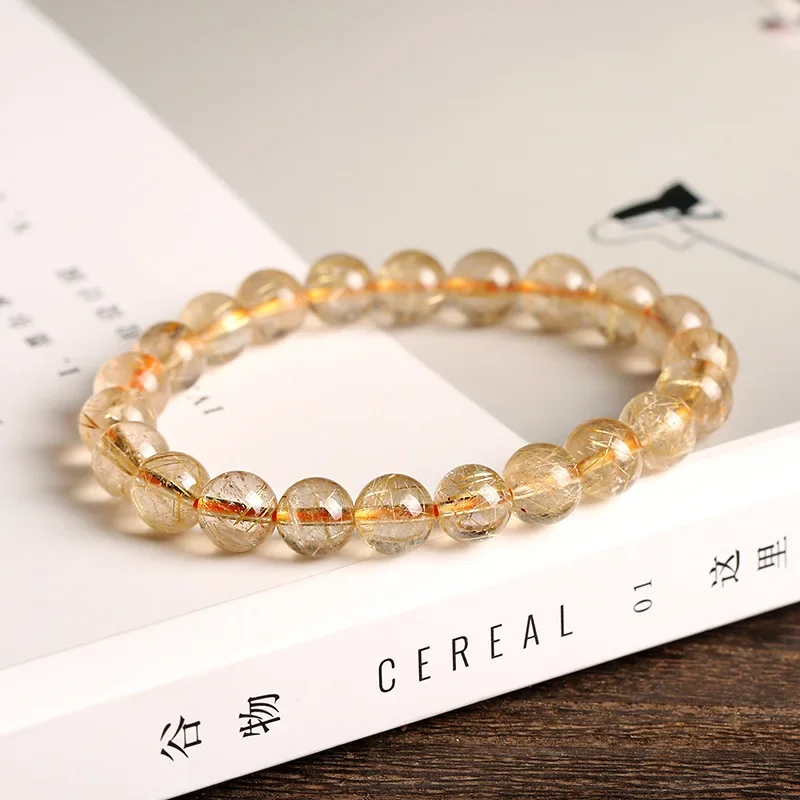 9mm Precious Gold Hair Crystal Bracelet Natural Advanced Fine Jewelry Balancing Enhancing Energy Yoga Eliminating Fatigue Bangle