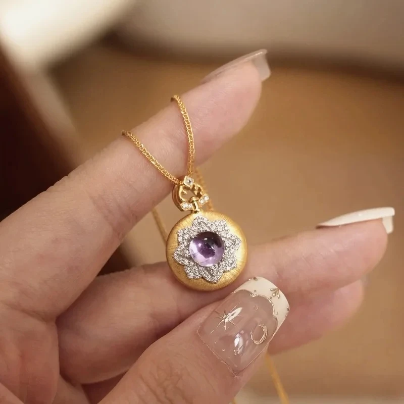 Vintage gentle style brushed amethyst necklace exquisite Purple double-sided natural ice chalcedony pendant wedding jewelry