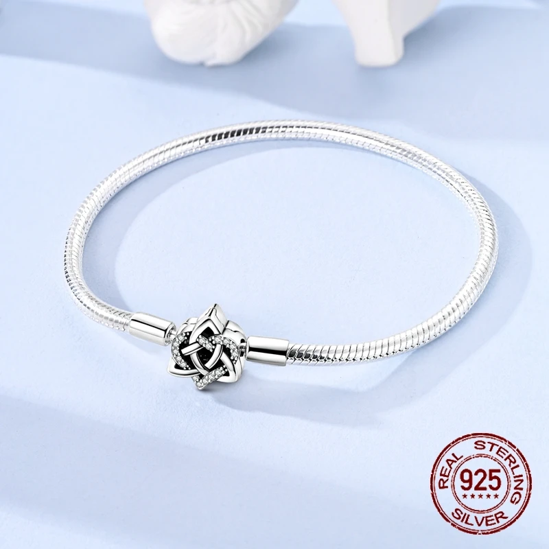 

Браслет-цепочка из стерлингового серебра 925 пробы с кельтским узлом и застежкой, инкрустированный кубическим цирконием, талисман удачи, подходит для шармов, подарок для женщин