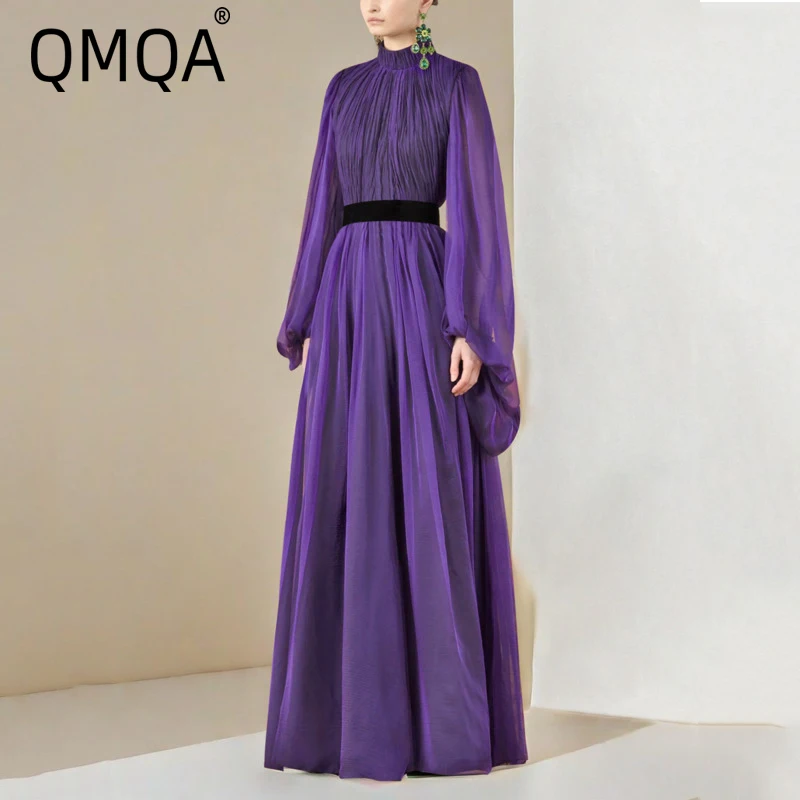 QMQA Fashion Women's High End Luxury Purple Dress Stand Up Collar Long Sleeve Solid Color Pleated Dress Female Clothing 1A895