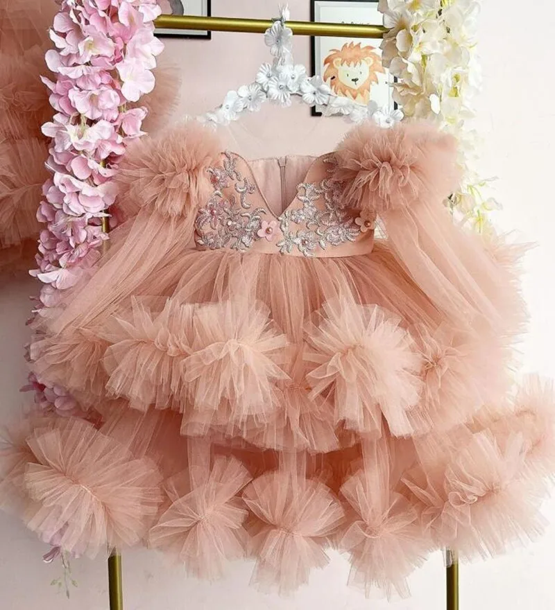 

Puffy Flower Girl Dress for Wedding Long Sleeves Tutu Outfit Baby Girl First Birthday Dress Zipper Back Real picture 12M 24M