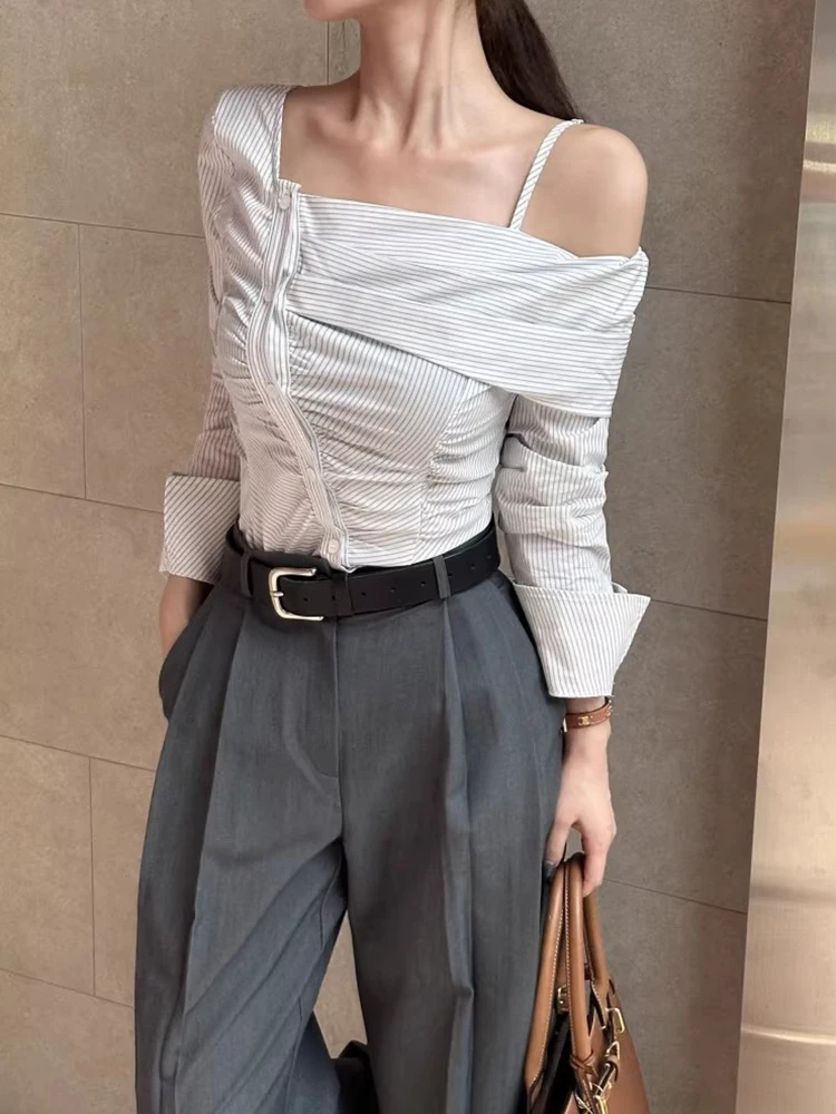 Ele Autumnal Tie-Slip Striated Women's Slim-Fit irt Asymmetric Oulder-Length Sve Sli Commute Mohamed Naznica Diego Diego Diego Diego Diego Diego Diego킹