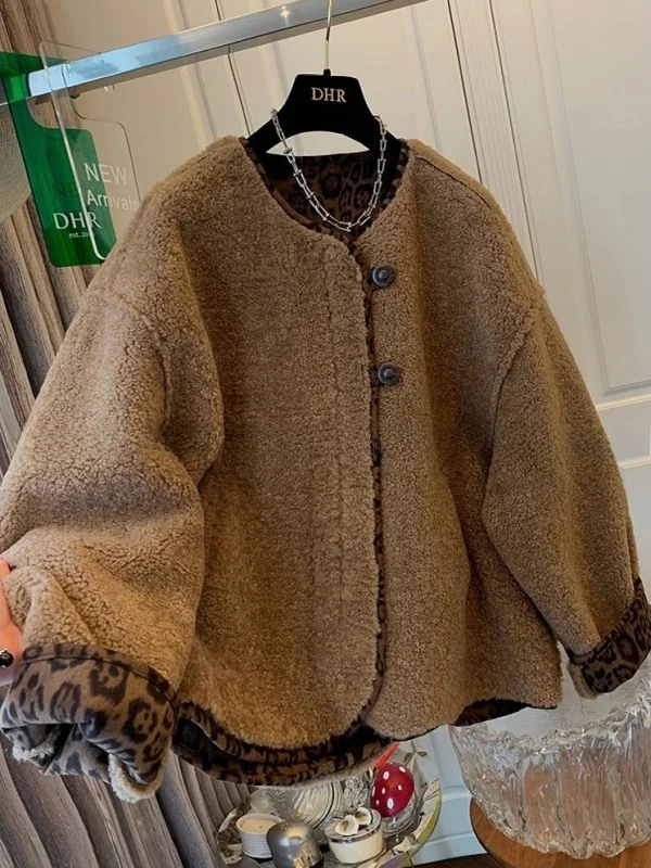 

Джем из меха ягненка больших размеров для мужчин и женщин, зимнее пальто с леопардовым принтом, теплое, свободное, универсальное, повседневное, американское, Thiened