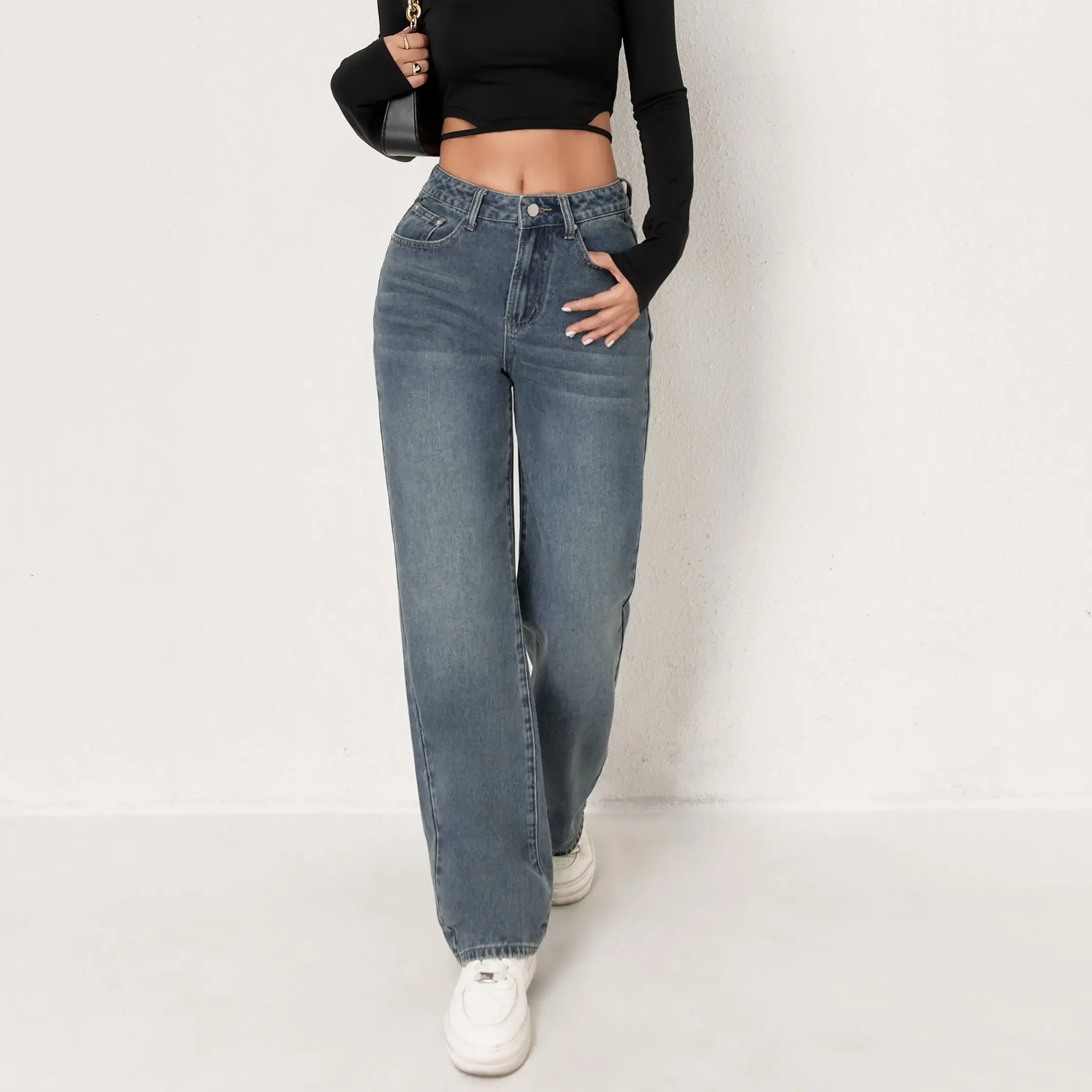 Trendy Wide Leg Distressed Straight Jeans for Women Elastic Casual Bootcut Denim Pants Bestseller Fashionable Ladies Jeans - Image 6