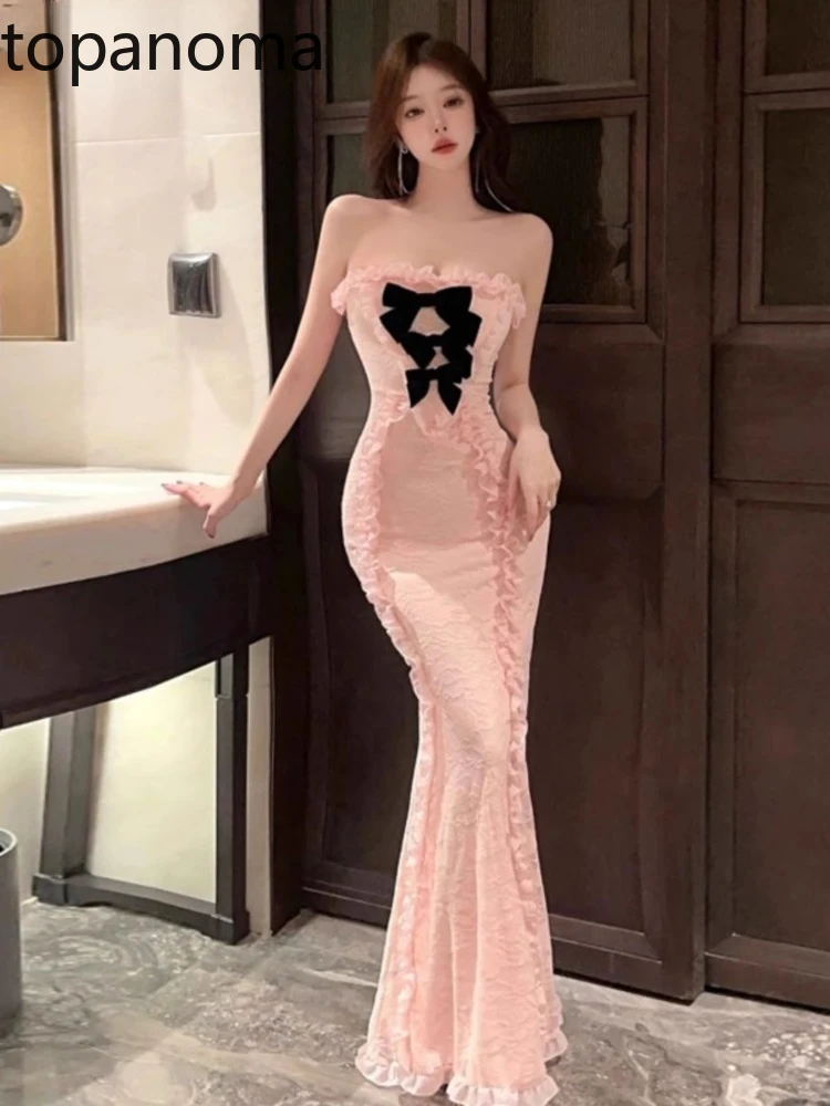 

Topanoma Evening Dresses Women Bowknot Strapless Lace Patchwork Ruffles Mermaid Dress Cocktail Elegant Wedding Party Backless