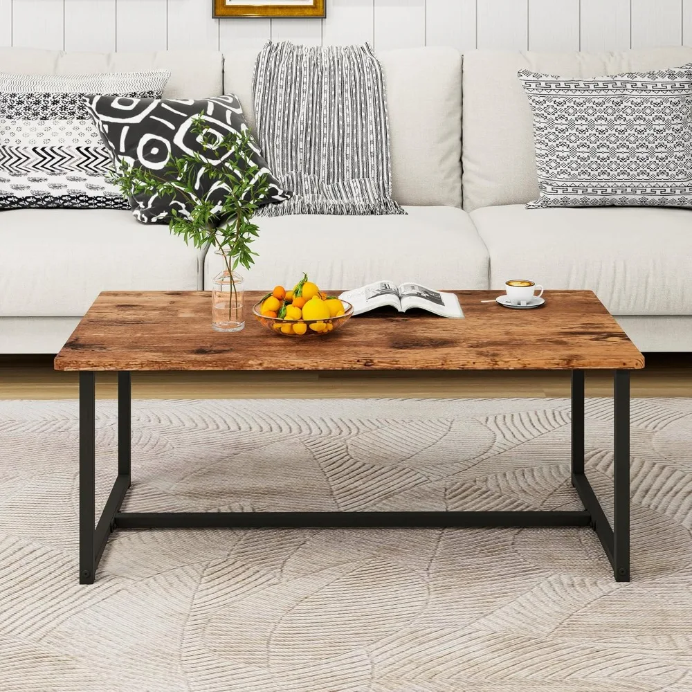 

Coffee Table Rectangular Center Table for Living Room Open Space Side Table with Metal Frame, Easy Assembly, Black+ Rustic Brown