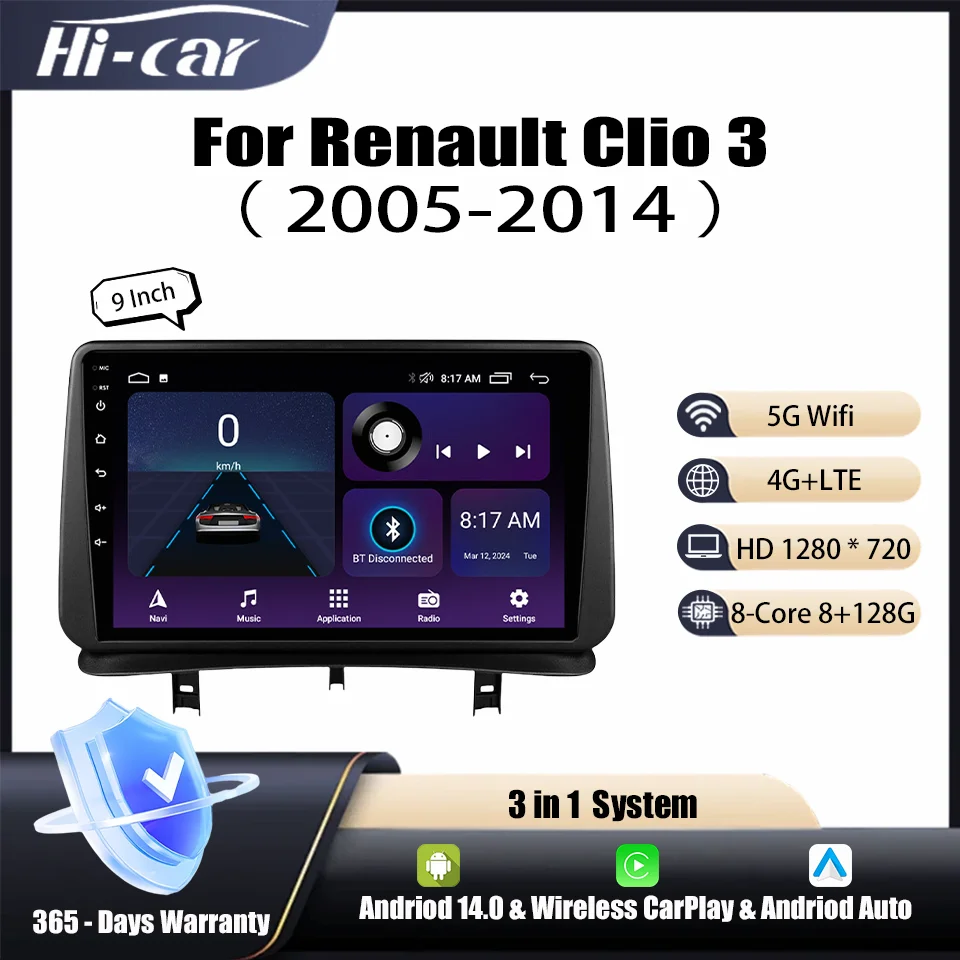 

9 Inch Car Radio for Renault Clio 3 2005-2014 5G WIFI Carplay& Android Auto GPS DSP Multimídia Android14 Carplay Android Player