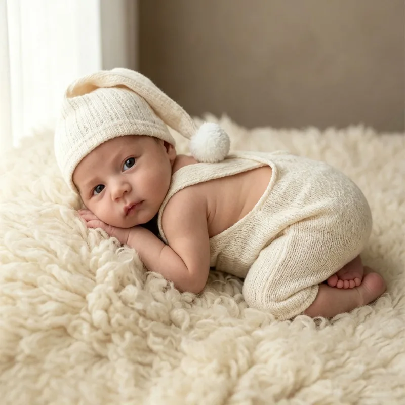 2Pcs Soft Knit Newborn Photography Props Set Pom Pom Sleeping Cap & Pocket Overalls Infant Baby Photo Shoot Outfit Accessories image 5