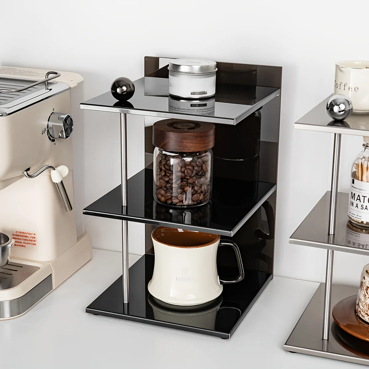 Stainless Steel 3-Tier Storage Shelf Panel Display Rack, Multifunctional Cup Organizer for Kitchen Coffee Bar Home Hotel Decor