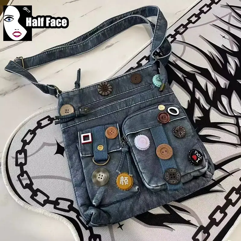 Y2K Spicy Girls Harajuku Women Retro Gothic Creative Buttons For Washed Denim Punk One Shoulder Lolita Design Crossbody Bag Tote