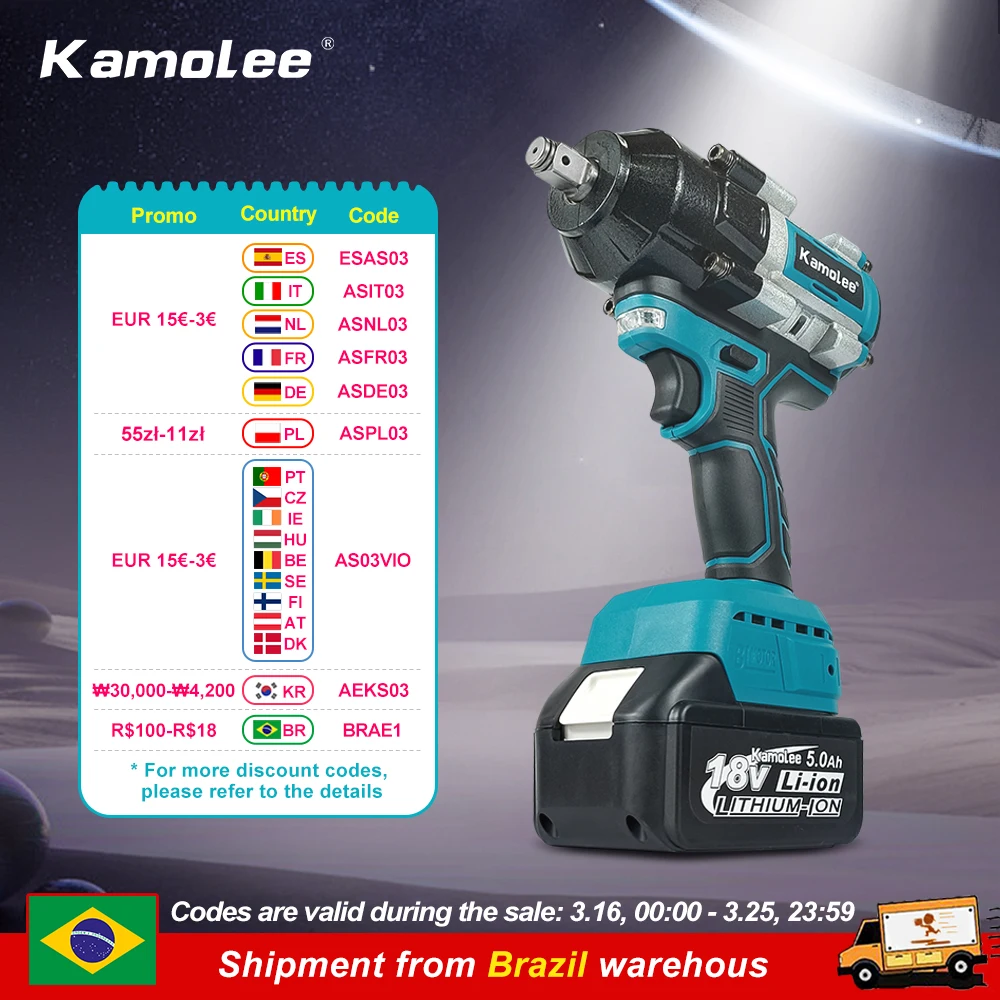 【Brasilien】Kamolee Bürstenloser elektrischer Schlagschrauber 2100 Nm, hohes Drehmoment, 1/2 Zoll, anwendbar auf 18 V 21 V Batterie