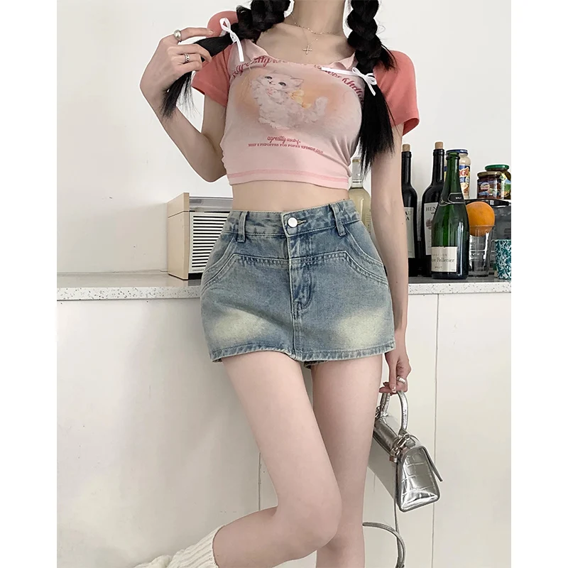 

American retro washed high-waisted denim bustier female summer 2024 new Spice Girls skirt shorts skirt package hip short skirt