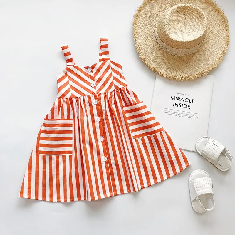 2-8T Summer Girls Striped Sleeveless Dress Cotton Casual Princess Dresses With Pocket Off-shoulder Baby Children A-line Vestidos