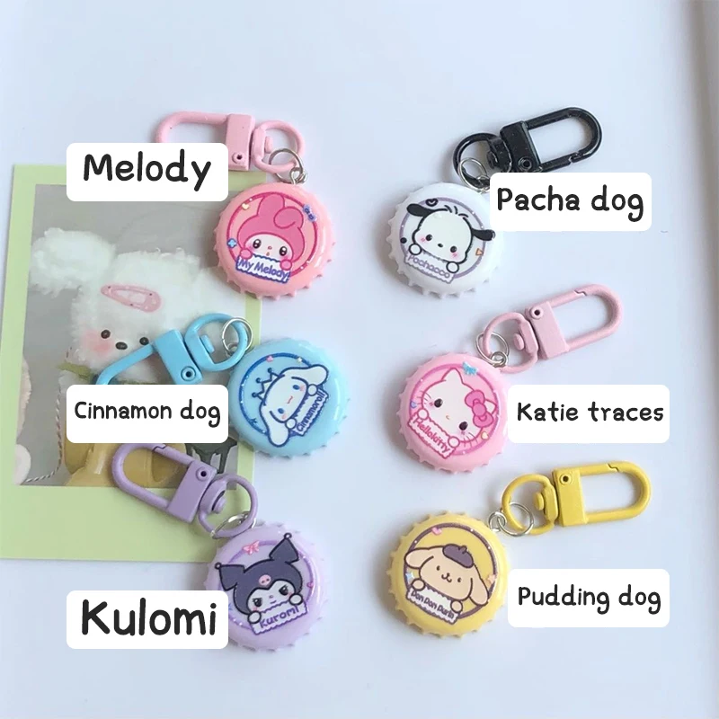 Pingente de mochila Kawaii Sanrio para crianças, My Melody, Purin, Pocha, Kuromi Cinnamoroll, Criatividade Bottlecap, gatinho, presente de aniversário