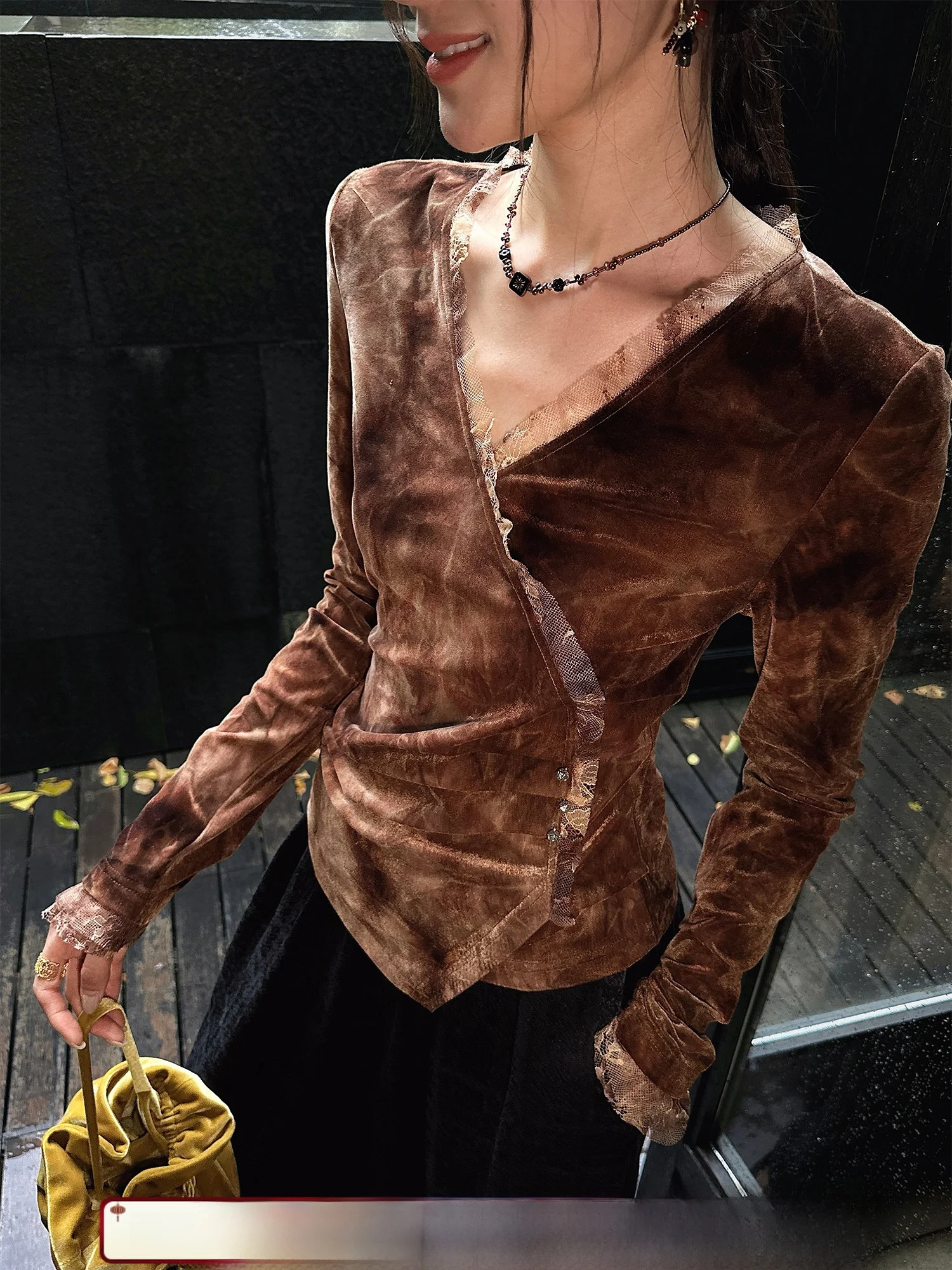 

Женская повседневная блузка-топ с длинным рукавом, кружевом и эффектом тай-дай, с высокой талией, V-образным вырезом, из смесового полиэстера и спандекса