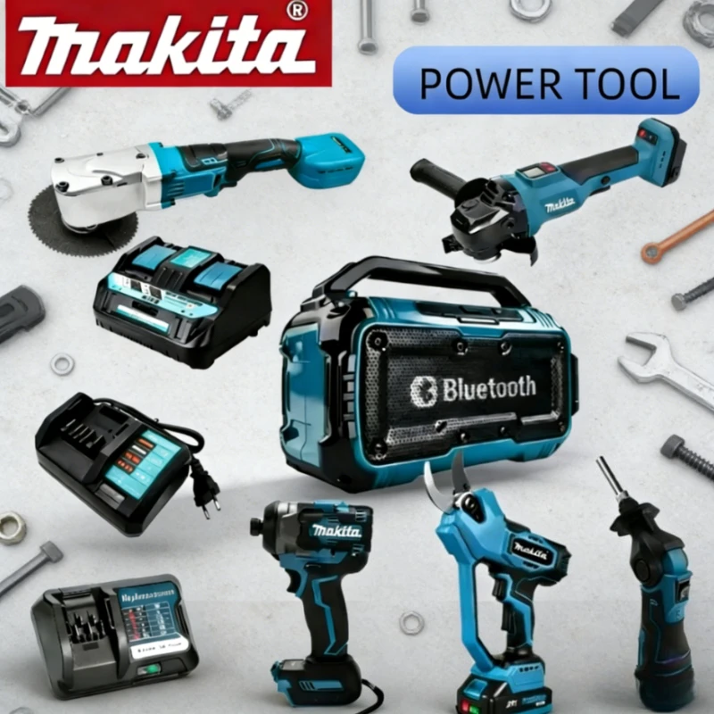 

Бесщеточная отрезная машина Makita, шлифовальная машина, пистолет для обработки металла и различные аксессуары для зарядного устройства, в комплекте с набором аккумуляторов Makita.