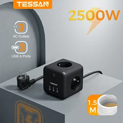 Listwa zasilająca z gniazdem USB TESSAN Black Cube z przełącznikiem, 3-kierunkowymi gniazdami (2500 W / 10 A) i 3 portami USB, kablem 1,5 m do domu, biura