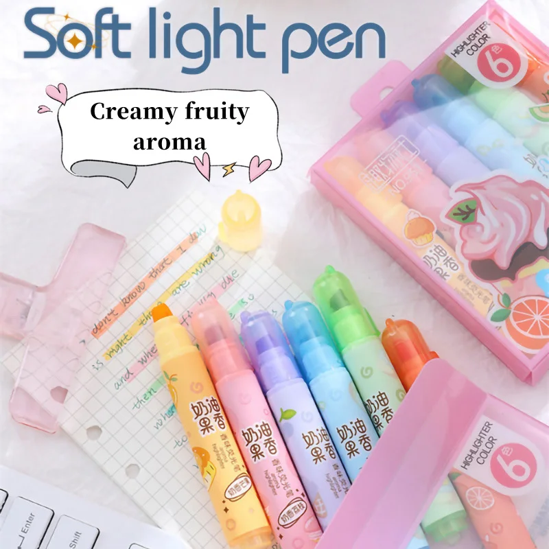 

Set of 6 Colors Kawaii Oblique Highlighters with Creamy Fruit Fragrance Large Capacity Fluorescent Note Pens 4mm Thick Markers