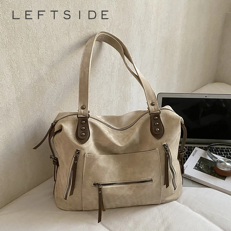 

LEFTSIDE Women's PU Tote Bag with Leather Accents Metal Studs Multi-Zipper Pocket Satchel Shoulder Bag for College Work Daily