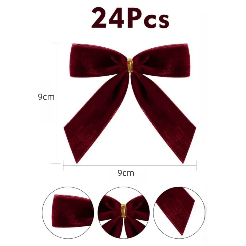 24 Pcs Velvet Ribbon Christmas Bow Christmas Tree Hanging Decor Bowknot Xmas Party Gift Wrapping Wreaths DIY Crafts