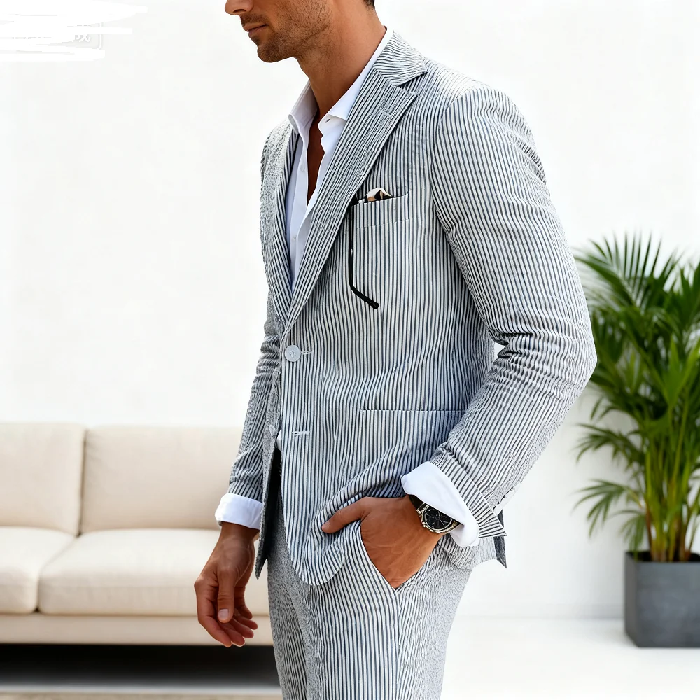 

Men's 2-Piece Seersucker Tailored Lapel Formal Tuxedo Jacket And Pants Casual Blazer Slim Fit for Wedding Party