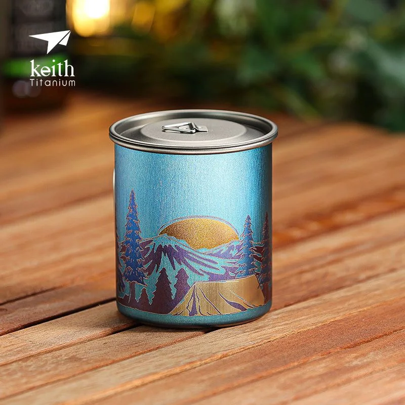 Keith New Lightweight Portable Climbing Camping Titanium Bottle Oxidation Carving Technology Pure Titanium Folding Titanium Cup